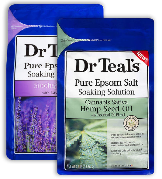 Dr Teal's Pure Epsom Salt Bath Variety Gift Set (2 Pack, 3lbs Ea.) - Soothe & Sleep Lavender & Hemp Seed Oil Soaking Solutions - Essential Oils Ease Beauty and Personal Care Dr Teal's