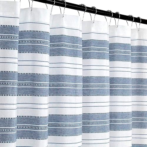 Serafina Home Nautical Striped Blue and White Fabric Shower Curtain: Chambray Cotton Luxury Hotel Detailed Eyelet Decorative Weave for Bathroom 72" x…
