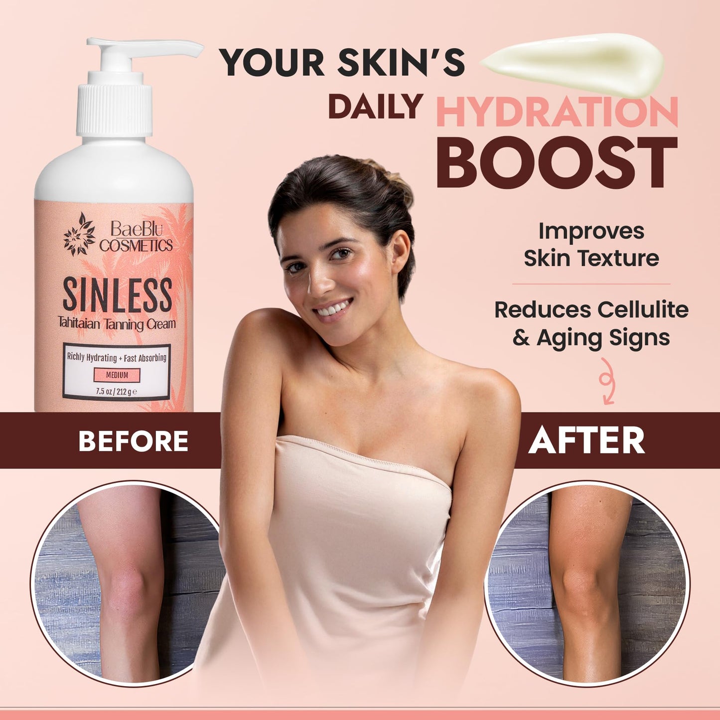 BaeBlu - Sinless Tahitian Self Tan Lotion - Sunless Tanning Lotion with Hydrating Monoi de Tahiti & Coconut Oils for Streak-Free, Golden Tan - No