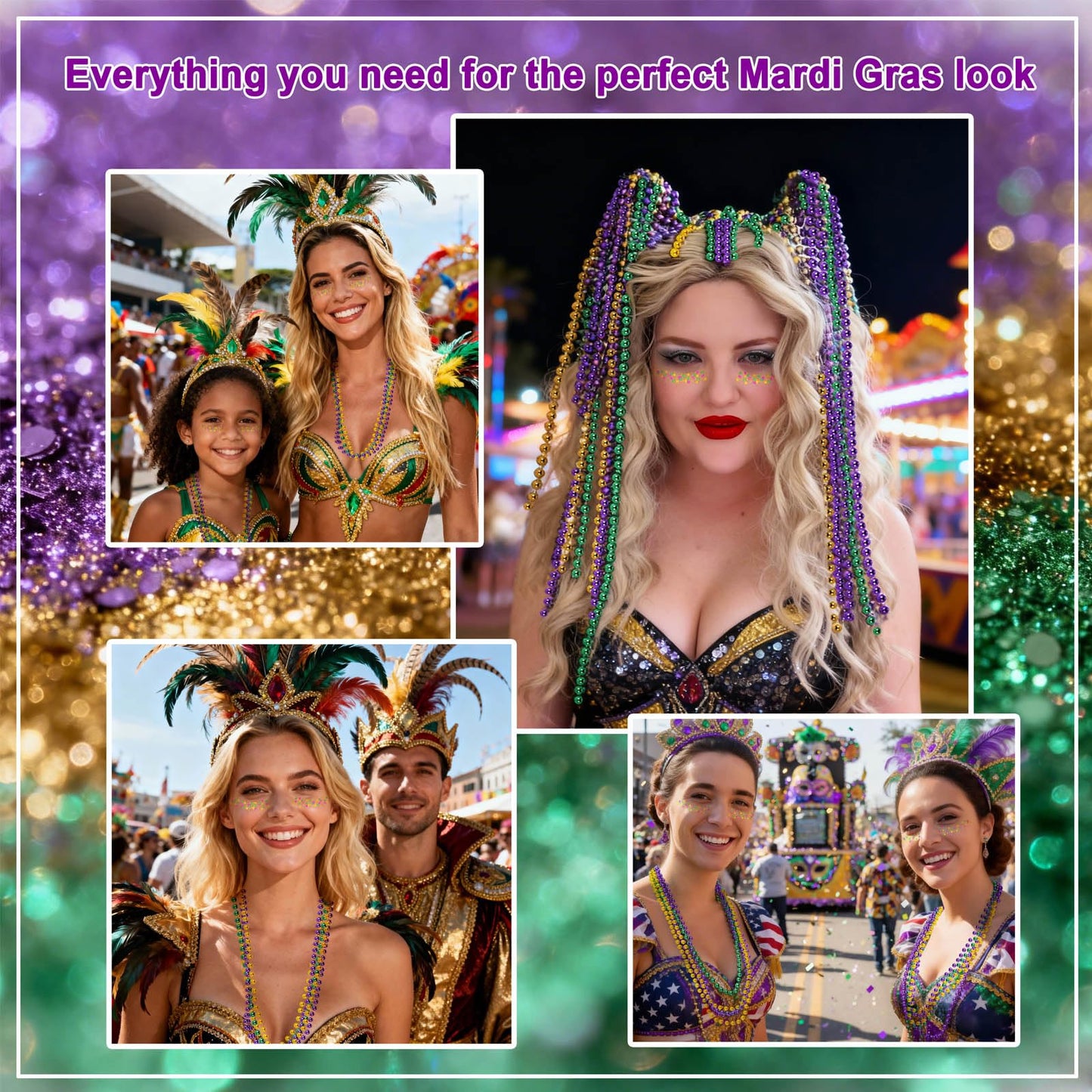 Purple Green Gold Mardigras Face Hair Glitter Makeup Set, for Parade Mask Parties Carnivals, with 10 PCS 7mm Beads Necklaces