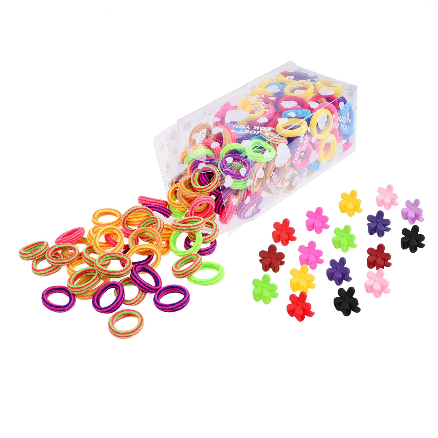 Kare & Kind 200 Hair Band Ties and 20 Mini Hair Claw Clip Pins- Assorted Colors - Cotton/Polyblend Material - Different Designs and Styles -