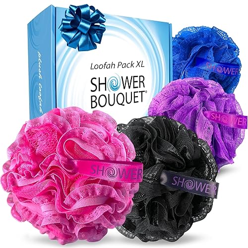 Loofah-Bath-Sponge Hot-Lacey-Mesh // 4-Steamy-Lace-Colors by Shower Bouquet / 2-Scrubs-in-1 Large Full 60g Pouf Body Luffa Loofa Loufa Puff