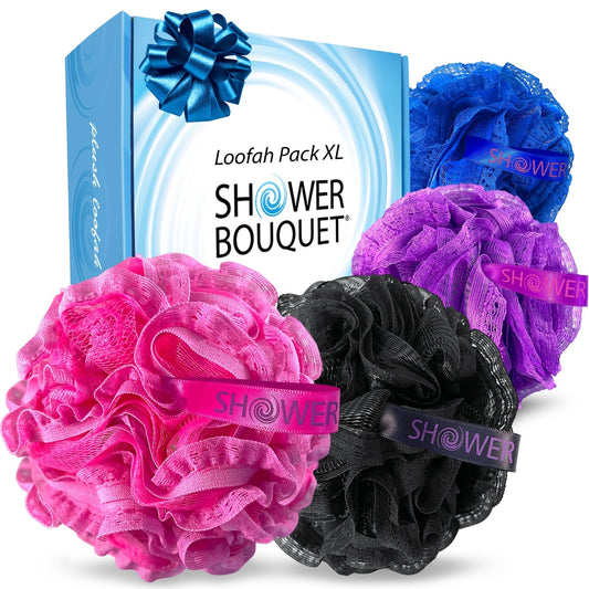 Loofah-Bath-Sponge Hot-Lacey-Mesh // 4-Steamy-Lace-Colors by Shower Bouquet / 2-Scrubs-in-1 Large Full 60g Pouf Body Luffa Loofa Loufa Puff