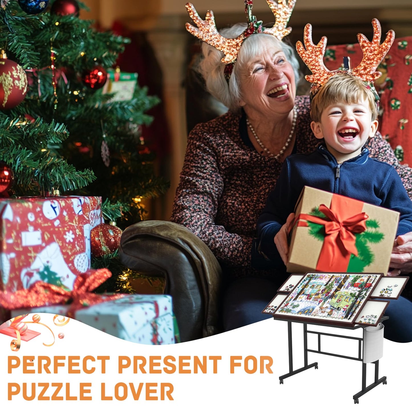 Doerpuz Jigsaw Puzzle Table – 1500 Piece Board with Legs, Wheels & Storage Pocket, 5 Adjustable Levels, Drawers, Coffee Color