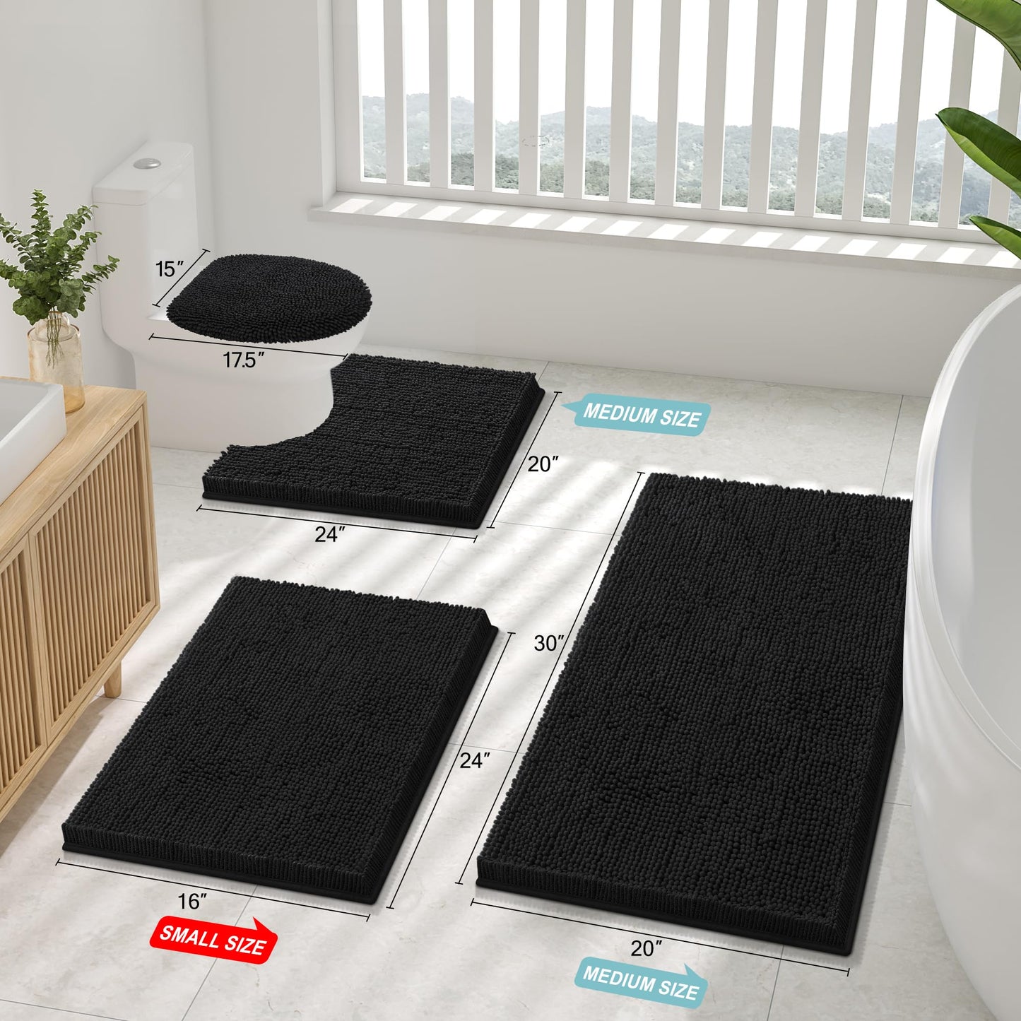 Smiry Luxury Chenille Bath Rug 30x20 – Extra Soft, Absorbent, Non-Slip Shaggy Mat for Shower, Tub & Floor – Black, Washable
