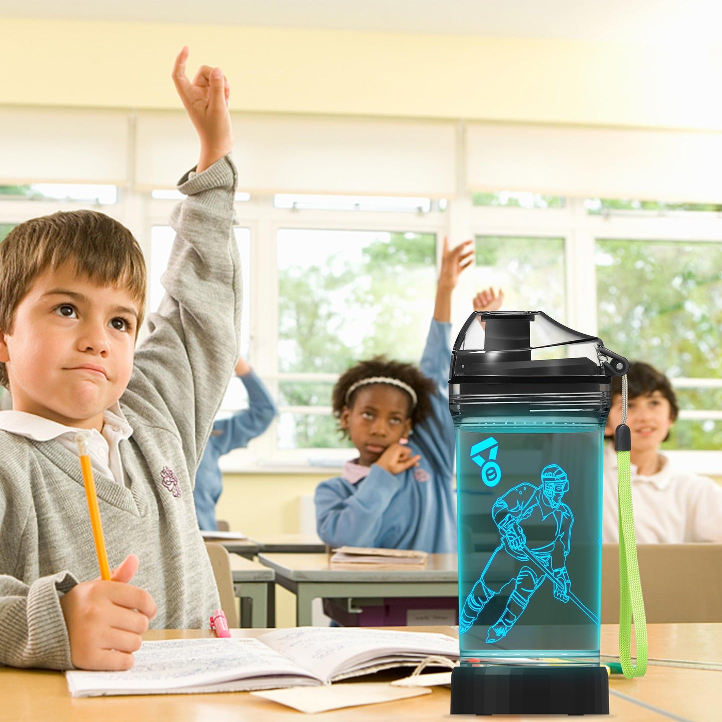 CoolGift Mart Hockey Gifts, Light Up 3D Hockey Player Water Bottle, 14oz Tritan BPA Free - Best Gift for 4 5 6 7-Year-Old Boys Girls- Kids Drinking