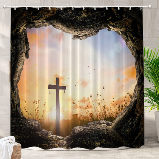 Batmerry Stone Sunrise Christian Decorative Shower Curtain, Jesus is Risen Christian Easter Shower Curtain Cute Long Wide Shower Curtain for Bathroom…