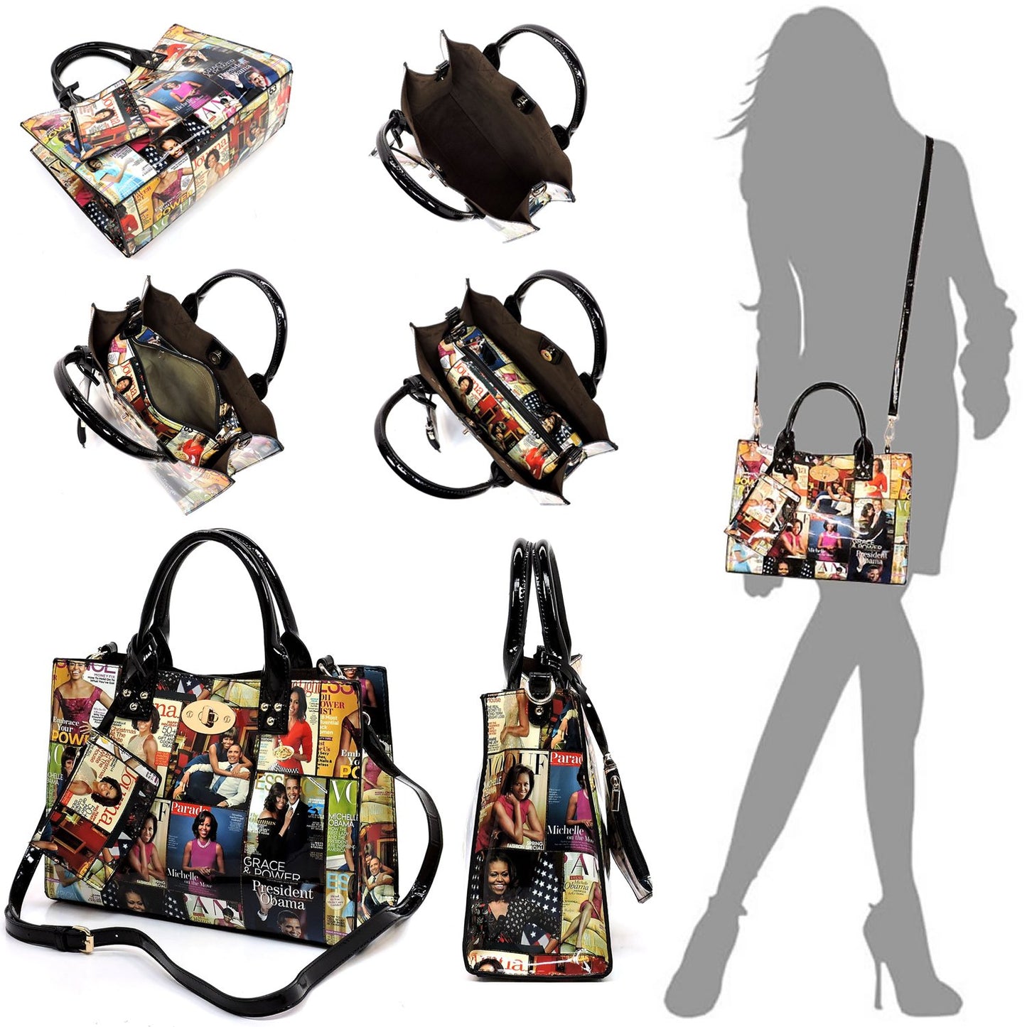 AMY&JOEY Glossy magazine cover collage crossbody bag purses Michelle Obama mini handbag (GREY/BLACK)
