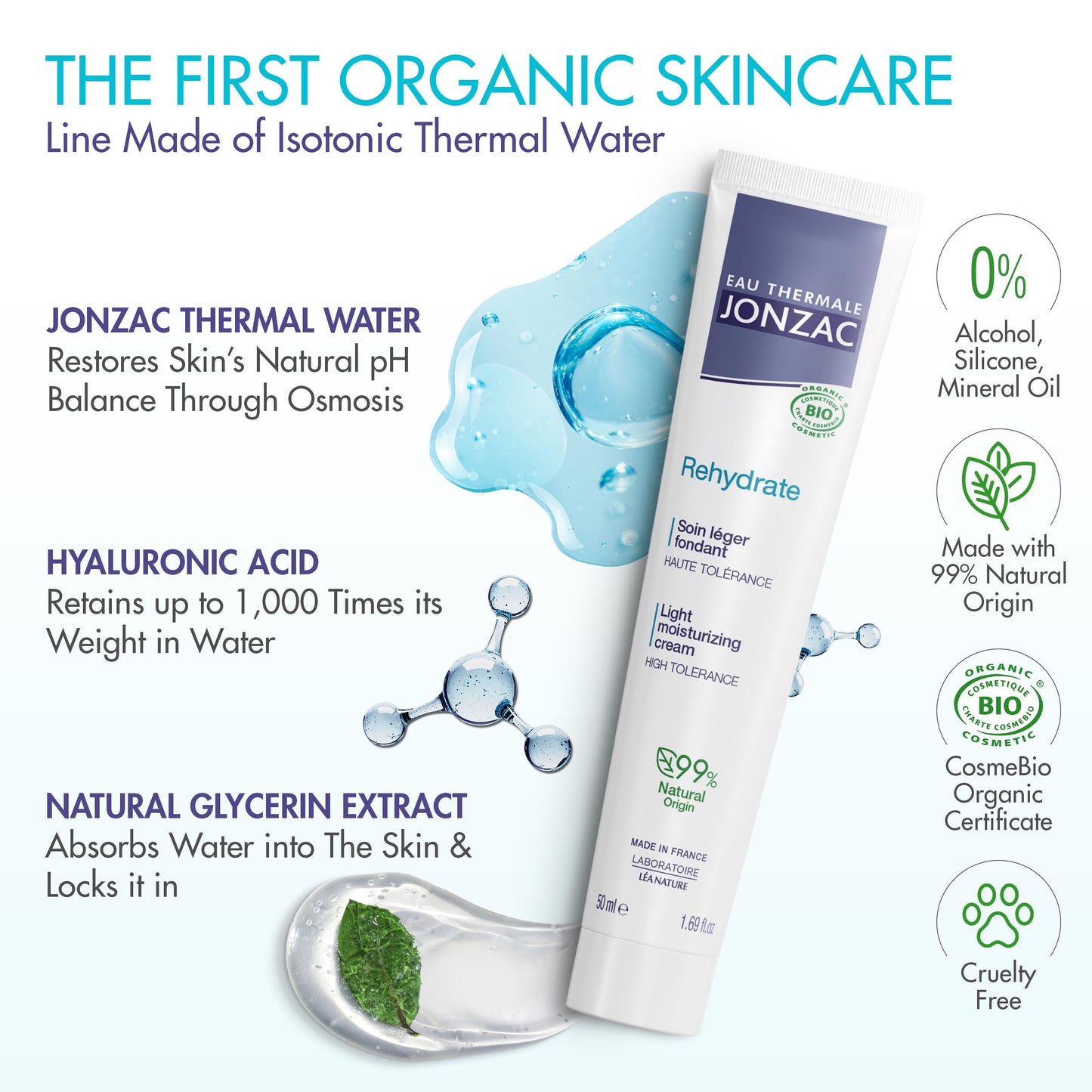 Eau Thermale Jonzac Rehydrate Organic Light Moisturzing Cream for Daily Use - Facial Cream Providing 24hr Hydration with Pure Hyaluronic Acid