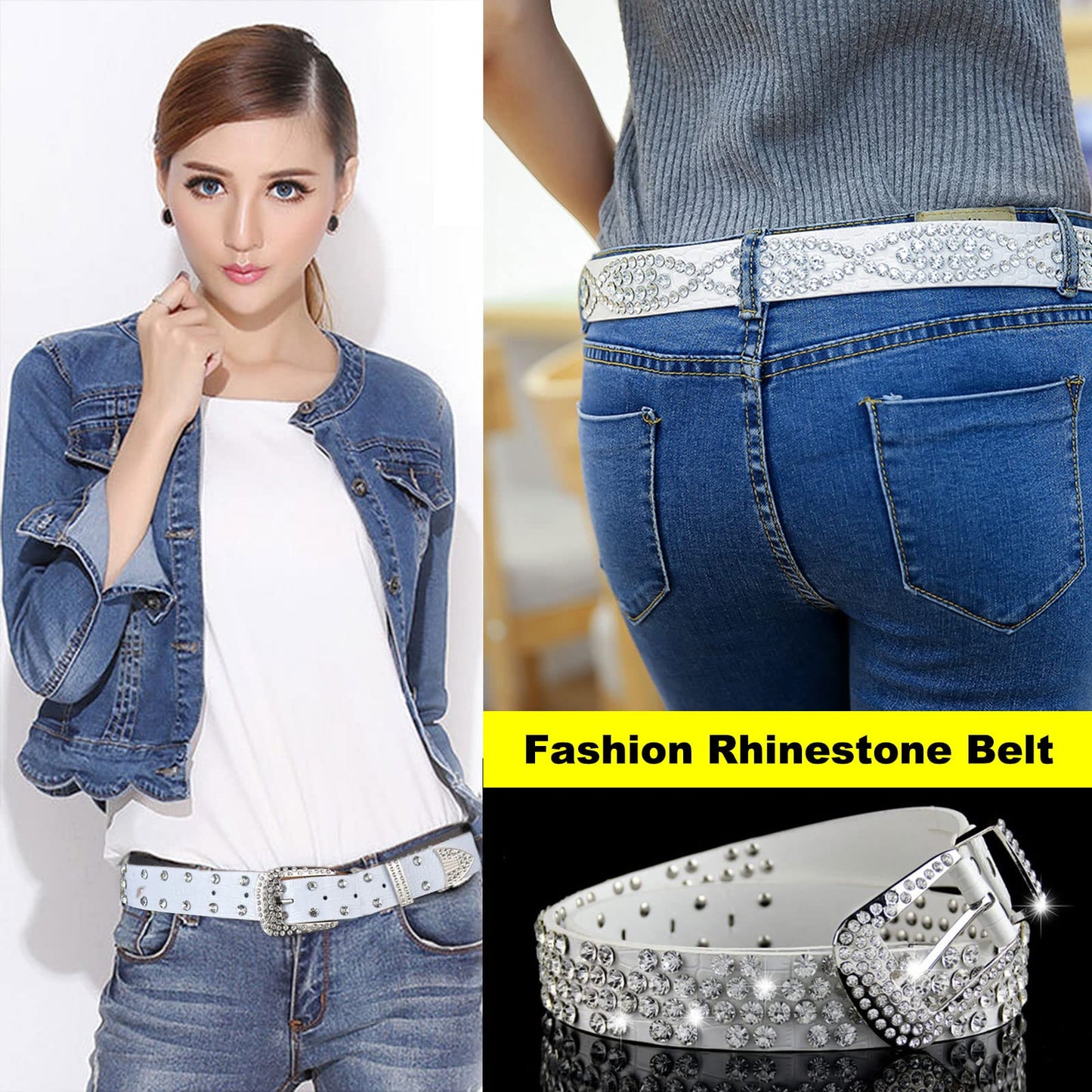 AVZXXKUF Rhinestone Studded Western Leather Belt Rhinestone Belt for Women Men Vintage Cowgirl Bling Design Waist Belts for Pants Jeans Dresses(White)