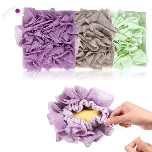 WJIAAA Loofah Washcloth Combo, 3 Pack 2-in-1 Exfoliating Shower Pouf Soap Pocket Drawstring Exfoliation Mesh Ball Hold Bar Soap Loofah Washcloth Body Beauty and Personal Care WJIAAA