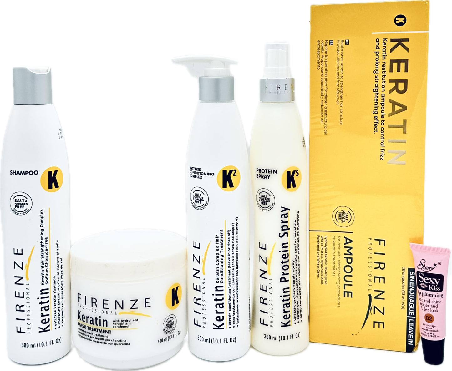Firenze Professional Keratin Kit: Shampoo 10.1fl oz, Mask 13.5 Fl oz, Intense Conditioning complex 10.1 Fl oz, Protein Spray 10.1 Fl Oz & Keratin