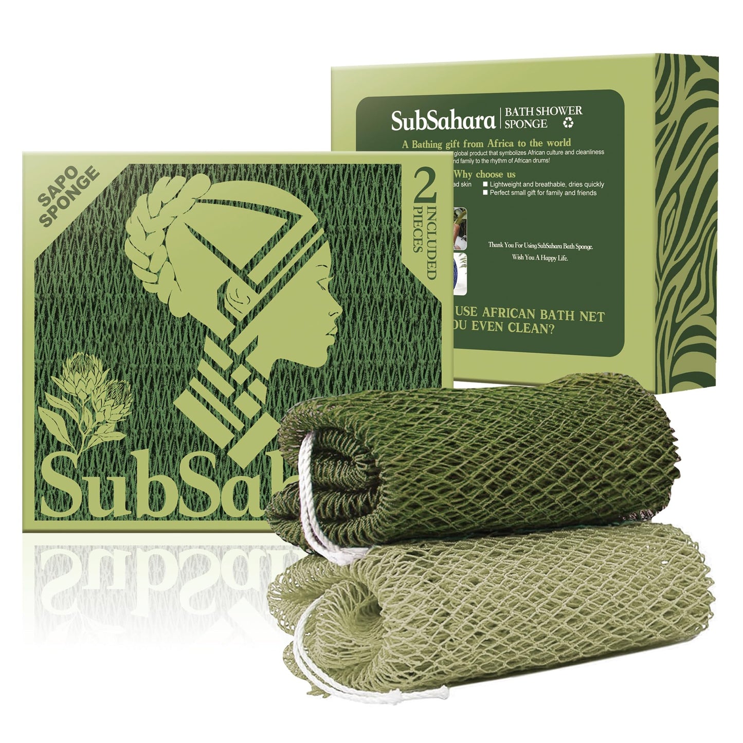 SubSahara Authentic African Net Sponge - 2 Pack Exfoliating Bath & Shower Loofah Sponge for Body & Face, Gentle Scrubber for All Skin Types, Travel Beauty and Personal Care SubSahara