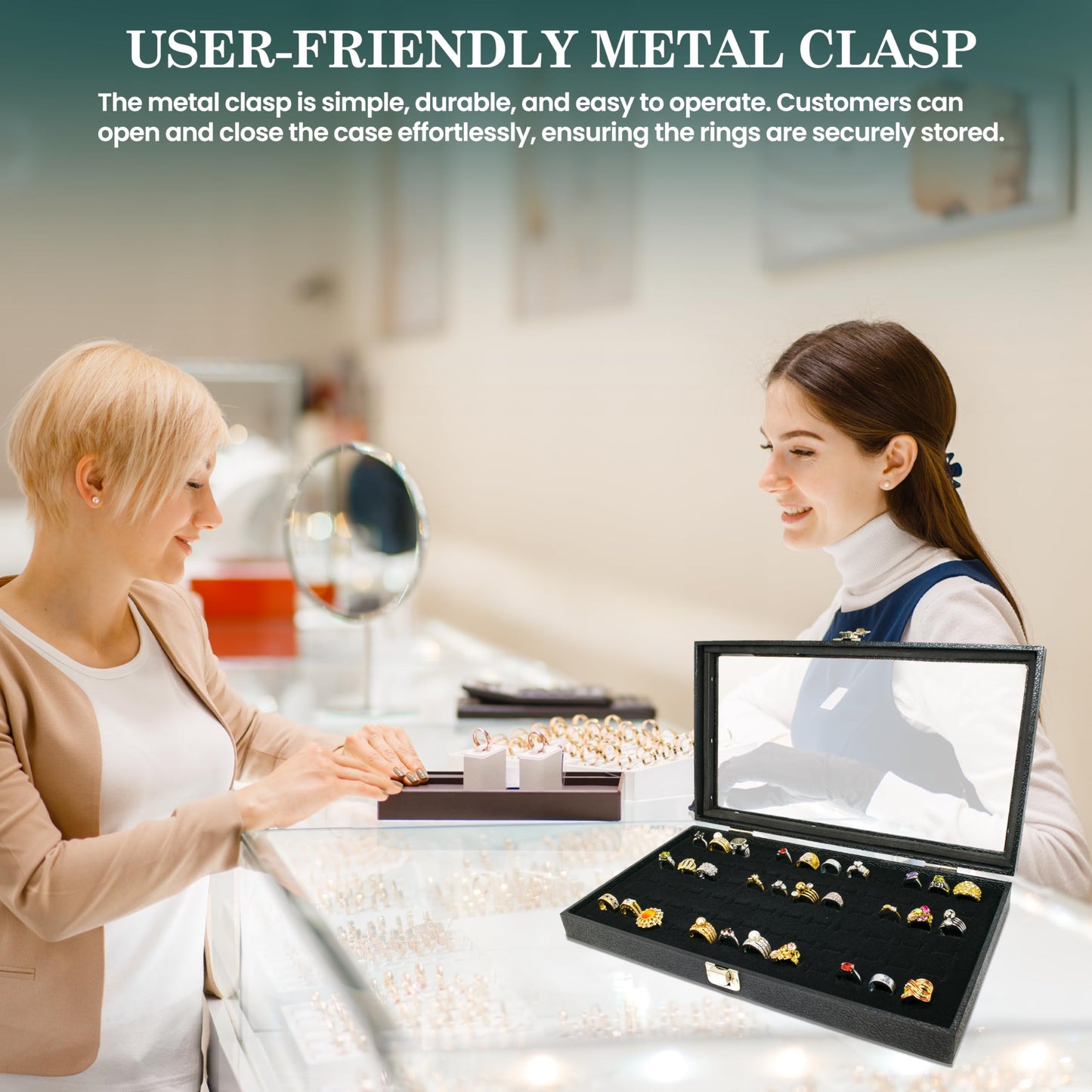 Novel Box Ring Display Glass Case Black 14.75x8.25x2.1 Inches with 72-Slot Black Ring Foam Insert - Travel Ring Case with Metal Clasp - Jewelry Box…