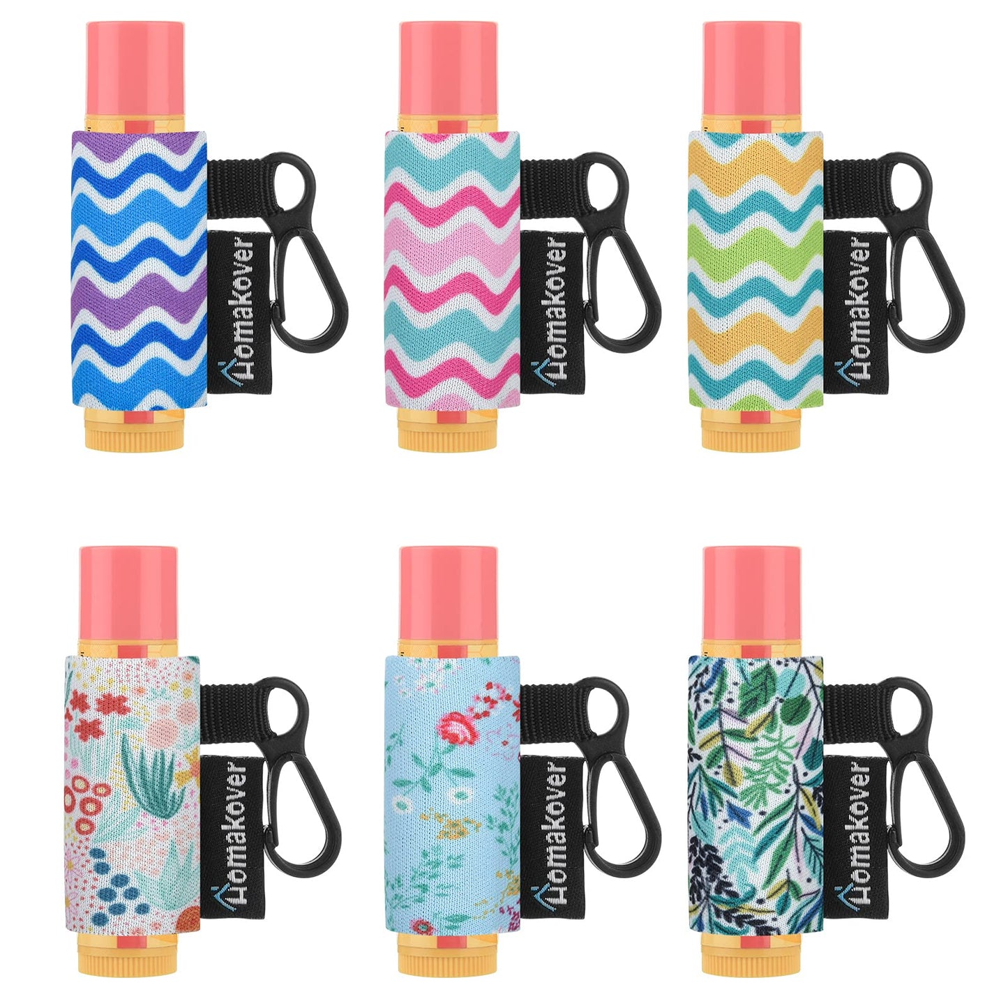 6 Pack Compact Clip-On Lipstick Holder Premium Release Clip Neoprene Sleeve Lip Balm with Clip Fits Most Standard Lip Balm, Large