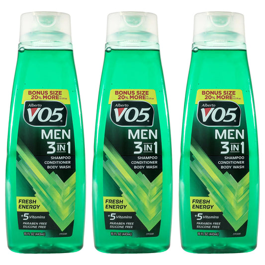 Alberto VO5 3-in-1 Fresh Energy Shampoo Conditioner and Body Wash for Unisex - 15 oz Body Wash - Pack of 3
