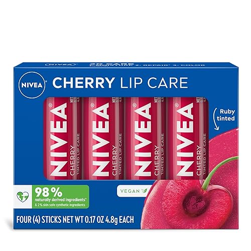 NIVEA Cherry Lip Care, Ruby Tinted Lip Balm Pack with Shea Butter, Nourishing Oils and Vitamin C & E, 3-in-1 Moisture, Repair and Color, 0.17 Oz
