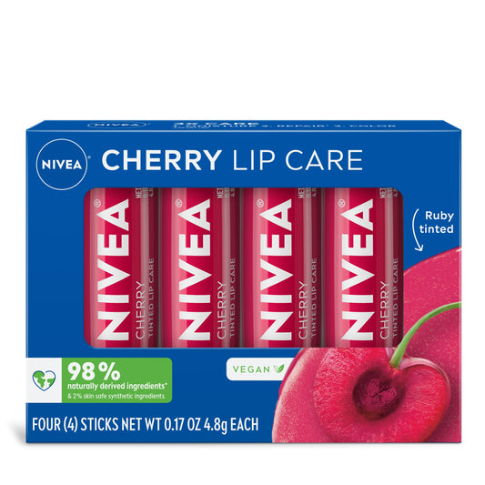 NIVEA Cherry Lip Care, Ruby Tinted Lip Balm Pack with Shea Butter, Nourishing Oils and Vitamin C & E, 3-in-1 Moisture, Repair and Color, 0.17 Oz