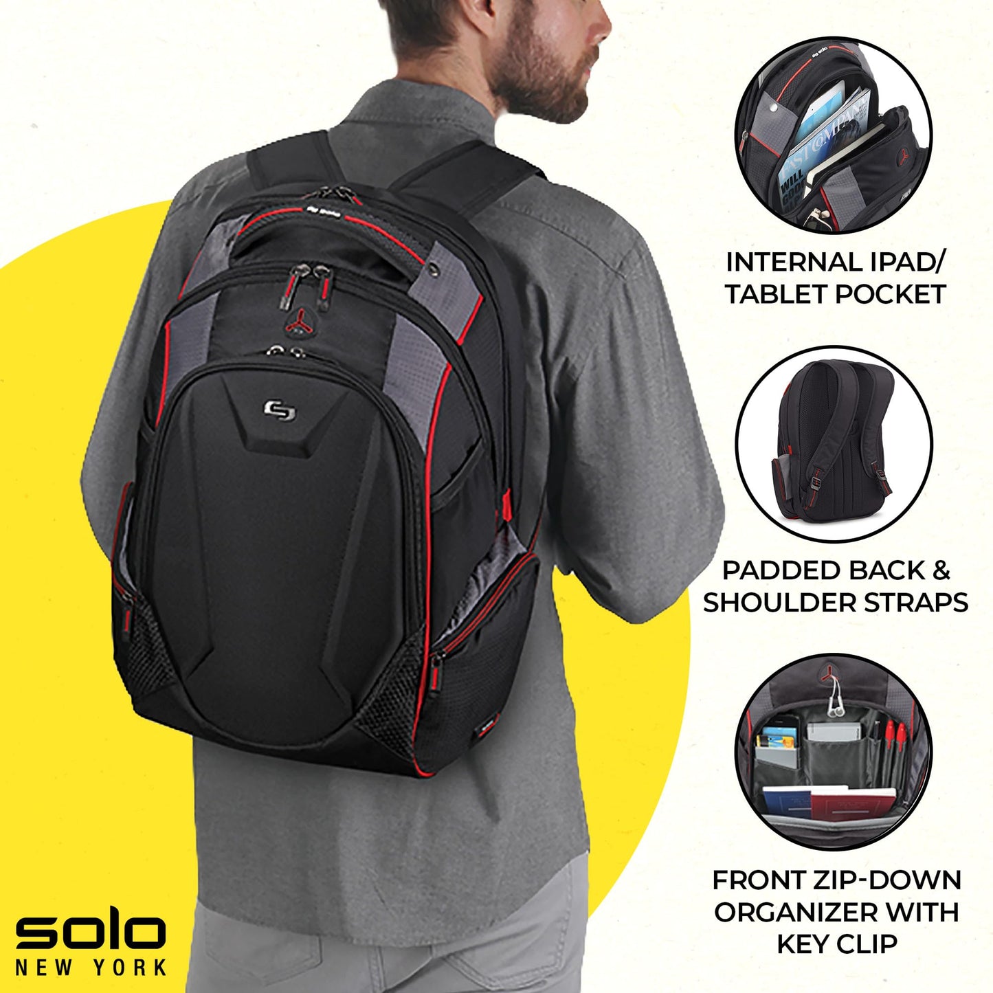 Solo New York Laptop Backpack for Women & Men -Carry On Bookbag for Travel & Work, Lightweight Bag, Hard-Shell Front Organizer, Padded Straps, Fits 17.3" Computer - Launch, Black
