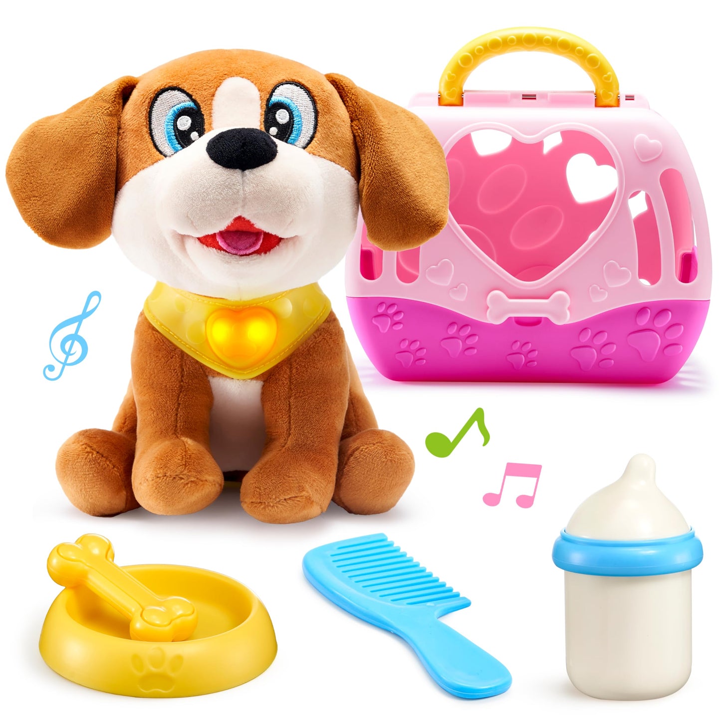 JOYIN Toy Dog for Toddlers, Play Puppy Toy with Carrier & Accessories, Plush Dog with Interactive Button, Lights & Sounds, Pet Care Set for Kids 1 2…