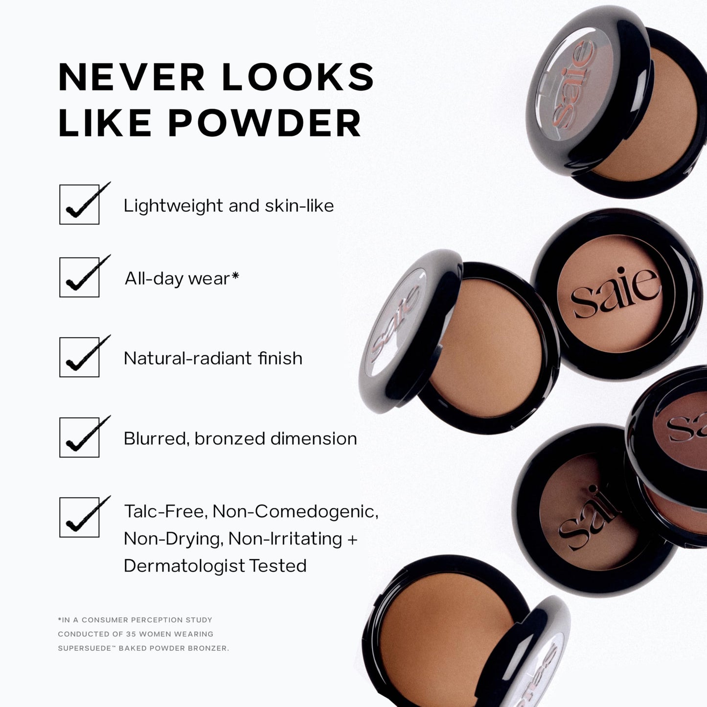 Saie SuperSuede Radiant Baked Bronzer Powder - Hydrating, Long-Lasting + Blurring Powder Bronzer for a Warm, Natural Glow - With Squalane + Jojoba