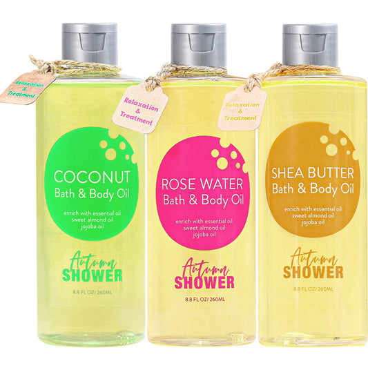Autumn Shower Bath and Body Oil with Sweet Almond Jojoba, Shea Butter, Rose Water, Coconut Bath Oils Mother's Day Gift for Women, Multiuse Oil