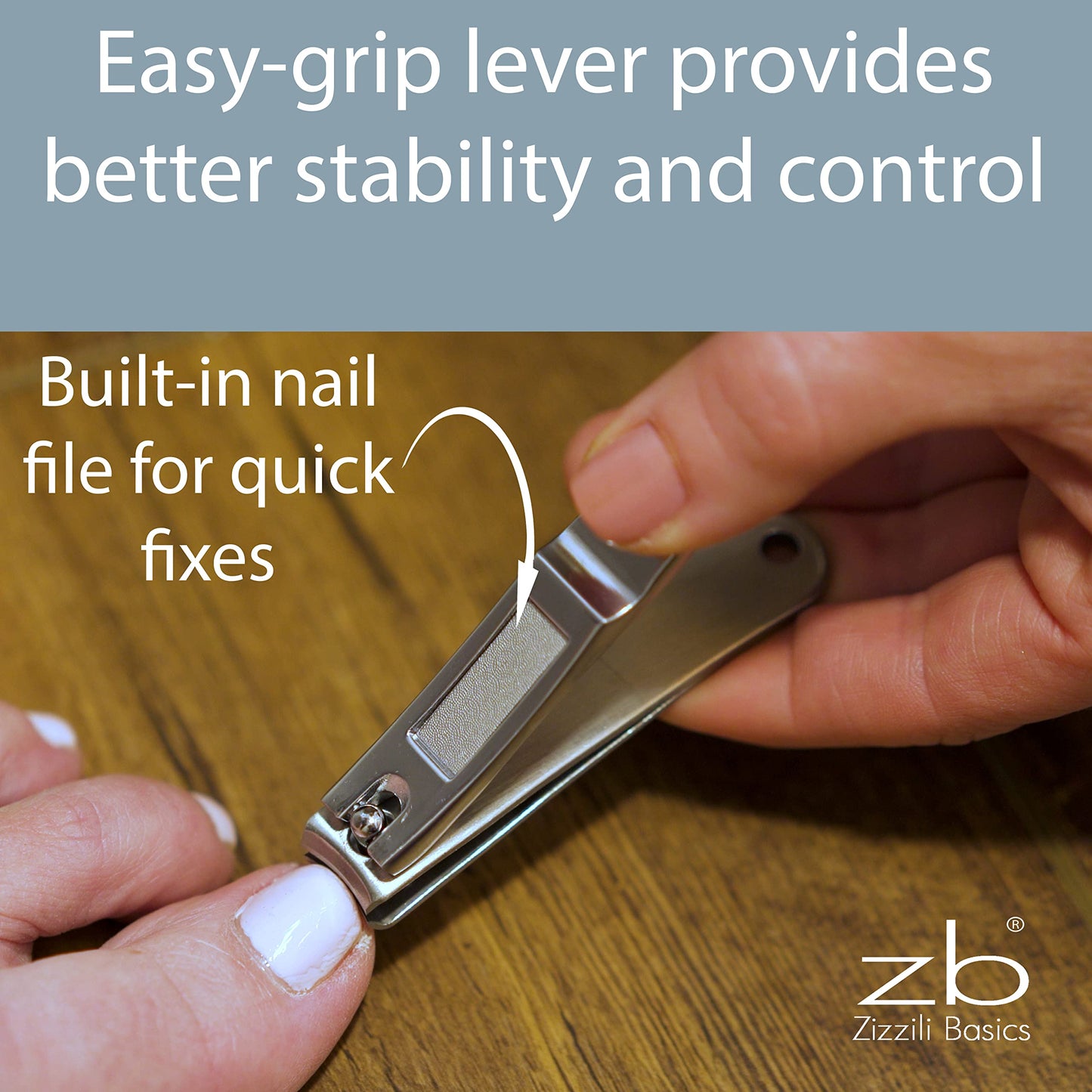 Nail Clippers by Zizzili Basics - 3 Piece Nail Clipper Set - Stainless Steel Fingernail & Toenail Clippers with Nail File and Brown Travel Case - Best