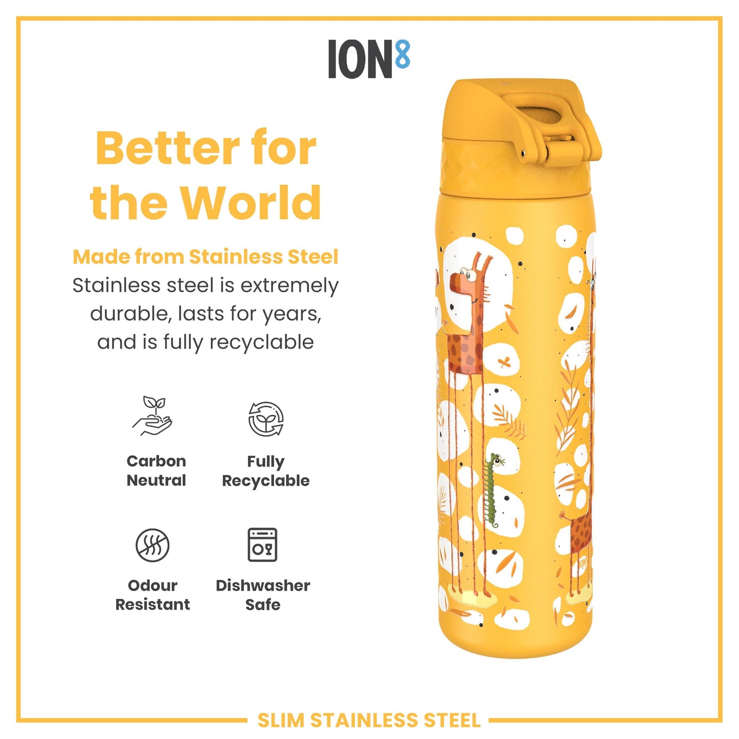 Ion8 Steel Water Bottle, 600 ml/20 oz, Leak Proof, Easy to Open, Secure Lock, Dishwasher Safe, Flip Cover, Fits Cup Holders, Carry Handle, Durable