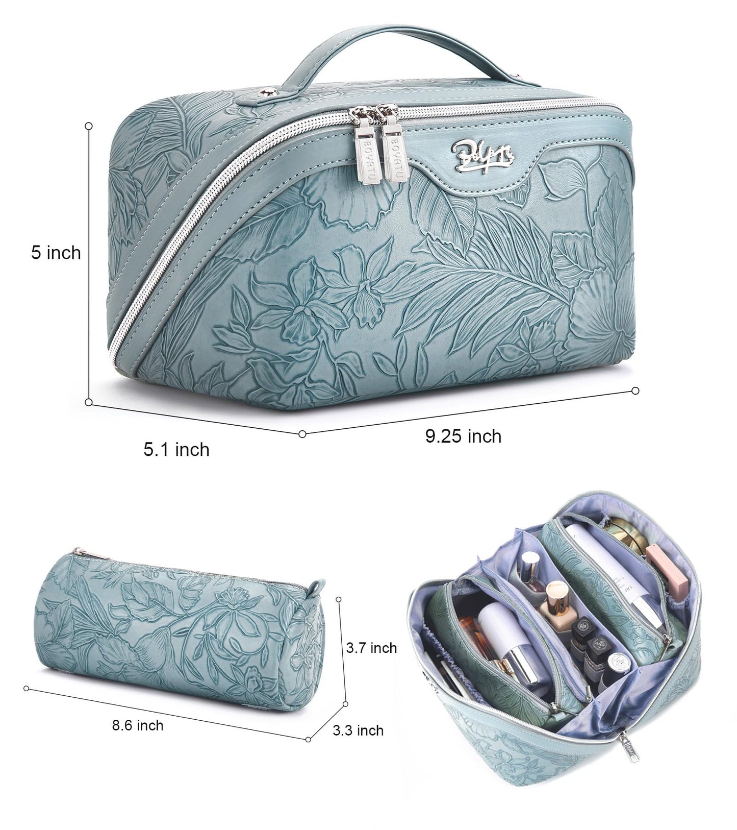 BOYATU Travel Makeup Bags for Women: Vegan Leather Cosmetic Bag Set of 3 - Large Capacity Make up Bag with Divider - Wide Open Waterproof Toiletry Beauty and Personal Care BOYATU