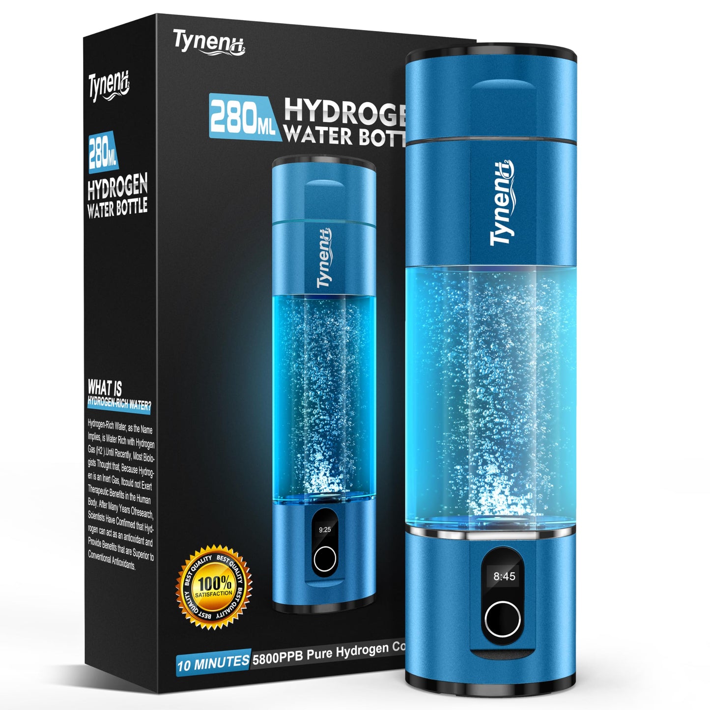 Portable Hydrogen Water Bottle Generator: 280ML Water lonizer Machine with 5800PPB+,SPE/PEM Technology,5/10min,Rechargeable Aquahealth Hydrogen