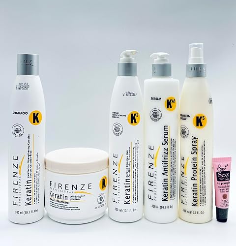 Firenze Professional Keratin Kit: Shampoo 10.1fl oz, Mask 13.5 Fl oz, Intense Conditioning complex 10.1 Fl oz, Anti-Frizz Serum 10.14 fl oz & Protein