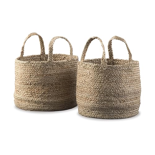Signature Design by Ashley Brayton Jute 2 Piece Braided Basket Set With Handles, Large Basket 14" W x 14" D x 11" H, Medium Basket 12" W x 12" D x…
