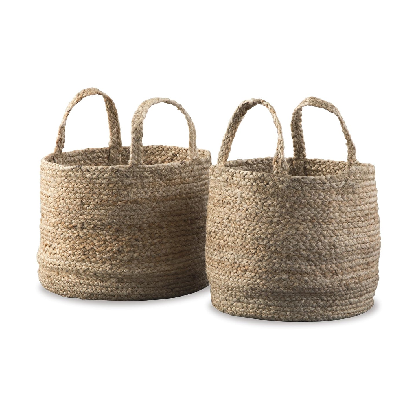 Signature Design by Ashley Brayton Jute 2 Piece Braided Basket Set With Handles, Large Basket 14" W x 14" D x 11" H, Medium Basket 12" W x 12" D x…