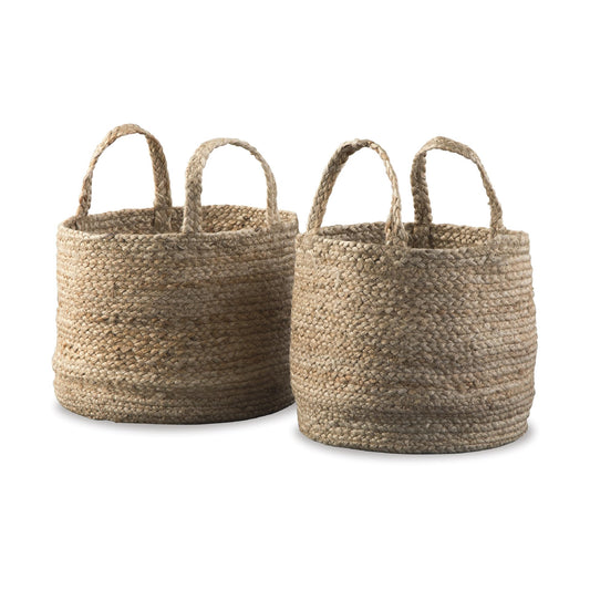 Signature Design by Ashley Brayton Jute 2 Piece Braided Basket Set With Handles, Large Basket 14" W x 14" D x 11" H, Medium Basket 12" W x 12" D x…