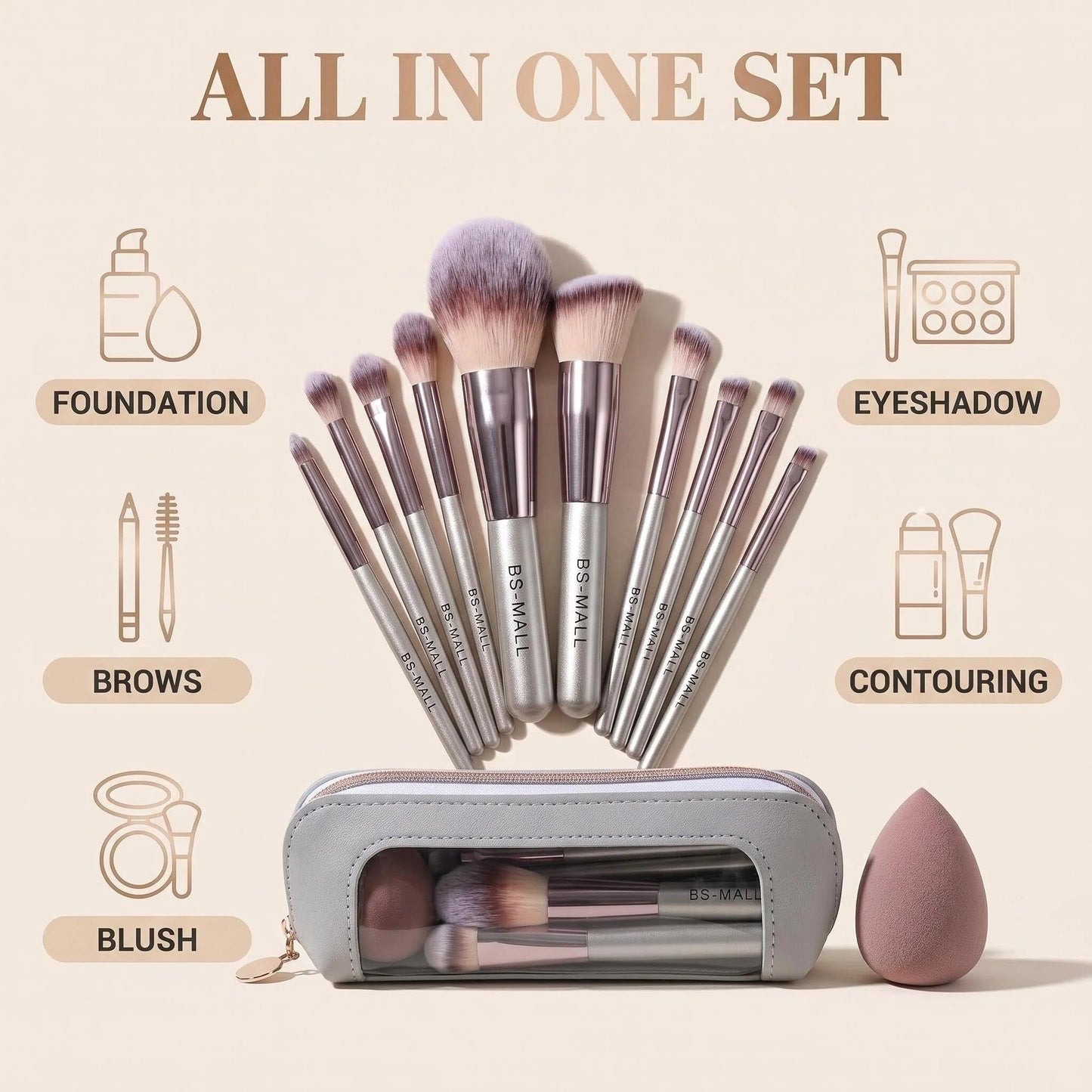 Travel Makeup Brush Set BS-MALL14 PCS Professional Makeup Brushes with Case & Sponge for Foundation, Concealer, Powder, Blush & Eyeshadow, Soft Beauty and Personal Care BS-MALL