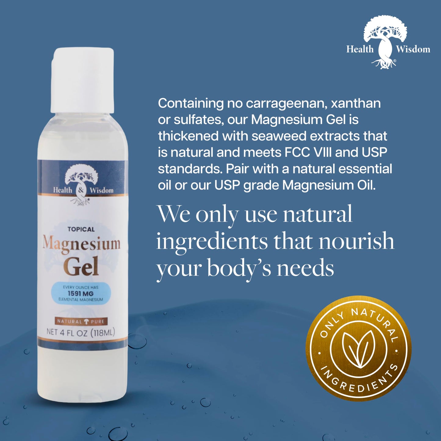 Health & Wisdom Pure Magnesium Gel with Seaweed Extract - USP Grade Topical Muscle & Joint Relief- Natural and Pure Skin & Scalp Moisturizing