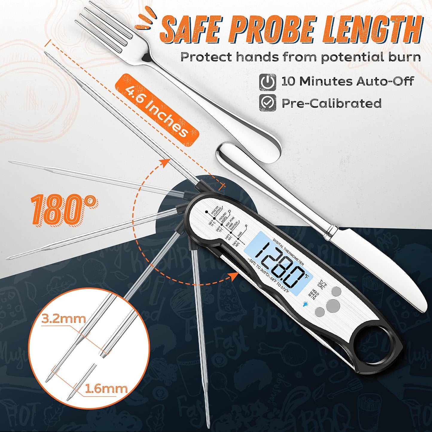 Digital Instant-Read Meat Thermometer – Waterproof, Backlight & Calibrated for BBQ, Candy, Liquids, Beef, Turkey, Cooking & Grilling