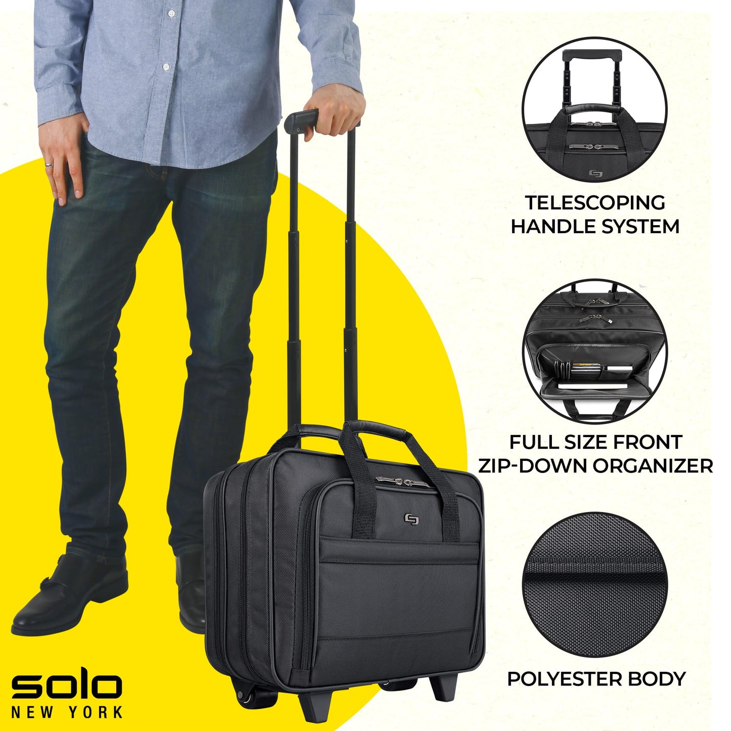 Solo New York Rolling Case with Wheels - Roller Laptop Bag, Wheeled Briefcase for Women & Men, Carry On Size for Travel, Fits 15.6" Computer