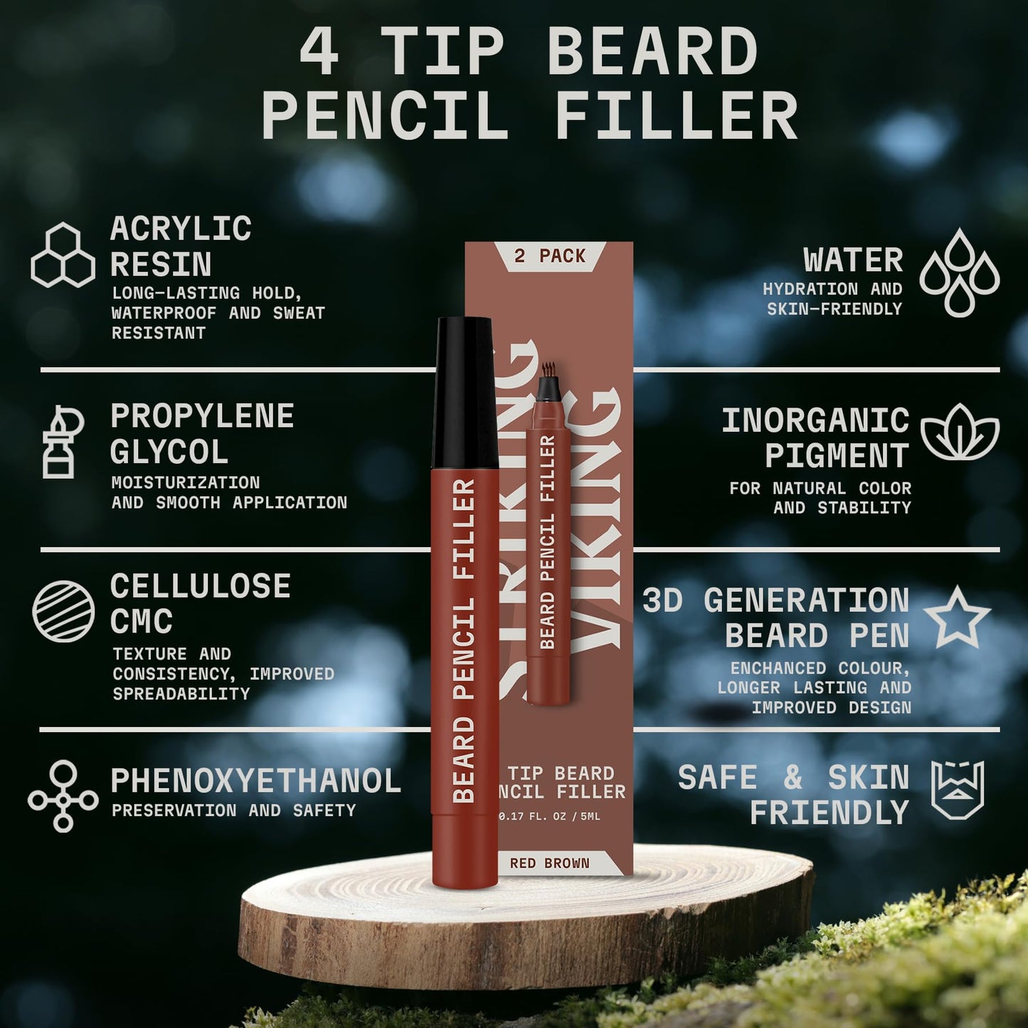 Striking Viking Beard Pencil Filler for Men - Red Brown, 2 Pack - Temporary Beard Dye - Waterproof Sweatproof Long Wear Beard Filler Pen for Touchups