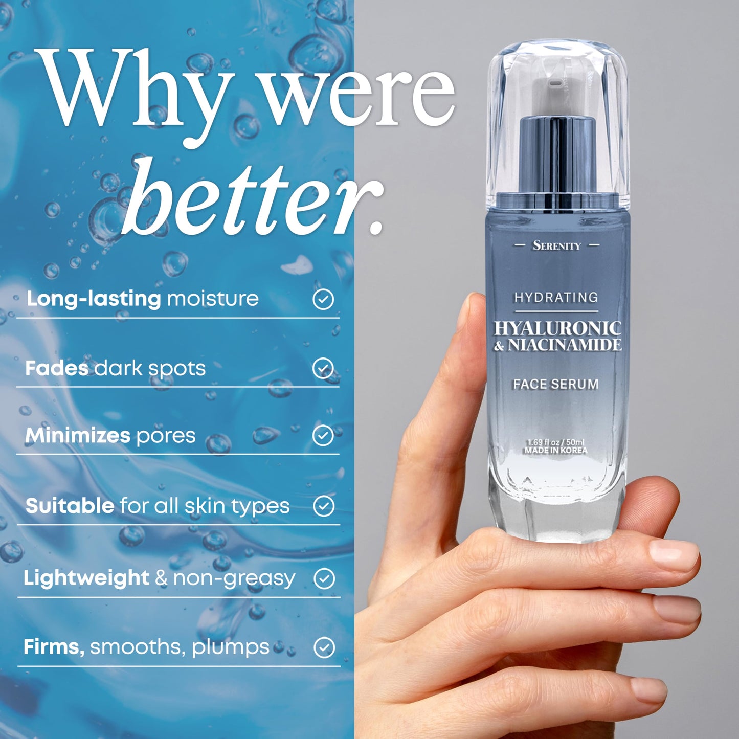 Serenity Dew Hyaluronic Acid & Niacinamide Face Serum - Dermatologist Tested Anti-Aging Korean Skin Care - Ultra Hydrating, Cools, Soothes & Improves