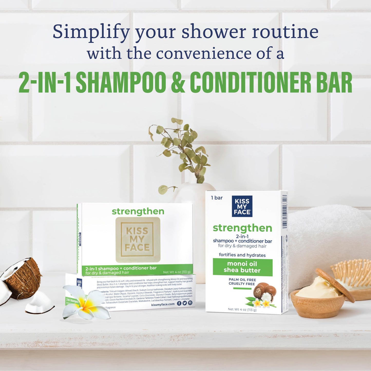Kiss My Face Strengthen 2-in-1 Shampoo and Conditioner Bar, With Monoi Oil and Shea Butter, Fortifies and Hydrates, For Dry and Damaged Hair, Cruelty