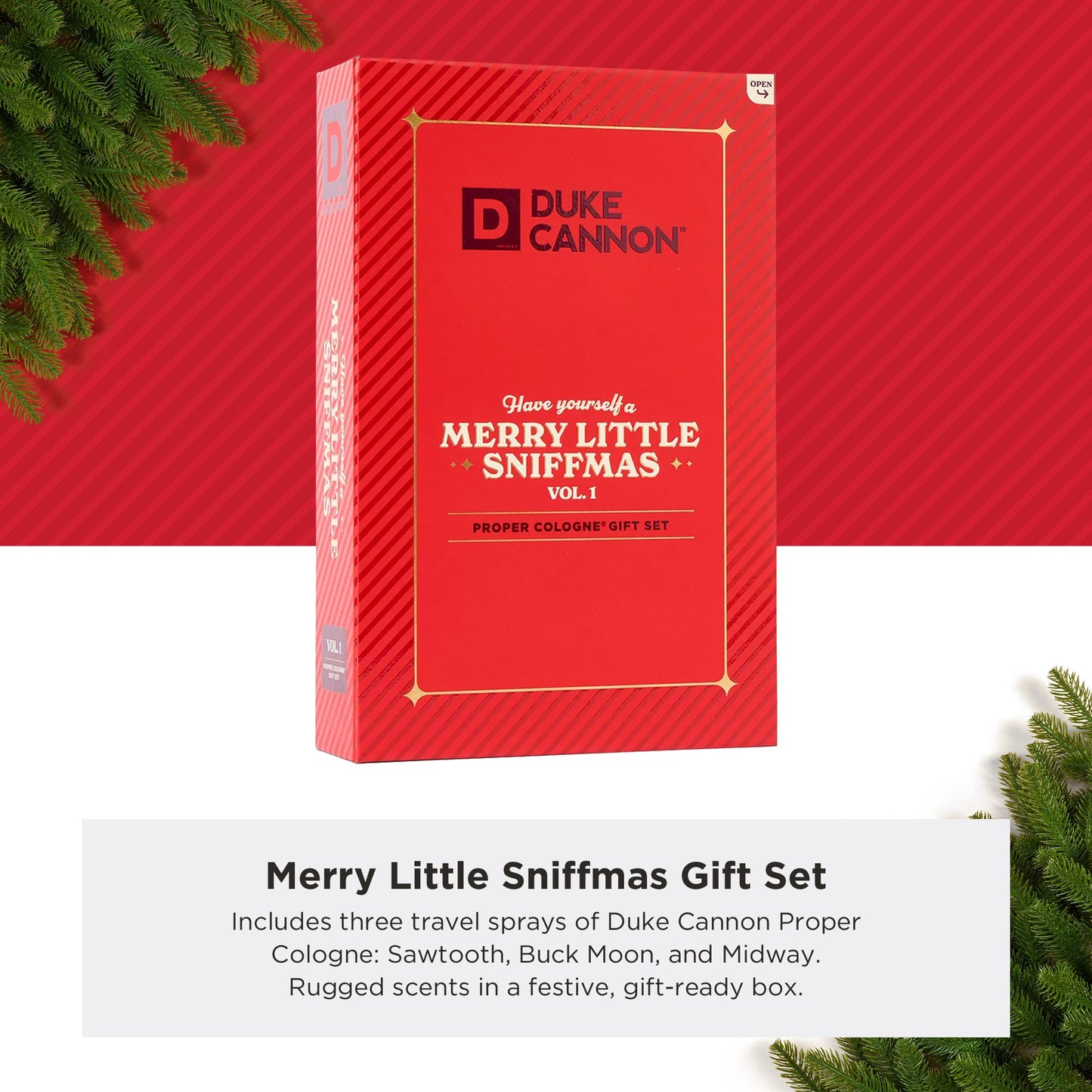 Duke Cannon Merry Little Sniffmas Giftset - travel-sized trio of Duke Cannon Proper Cologne® - Holiday Cologne Gift Set - eau de parfum - Sawtooth