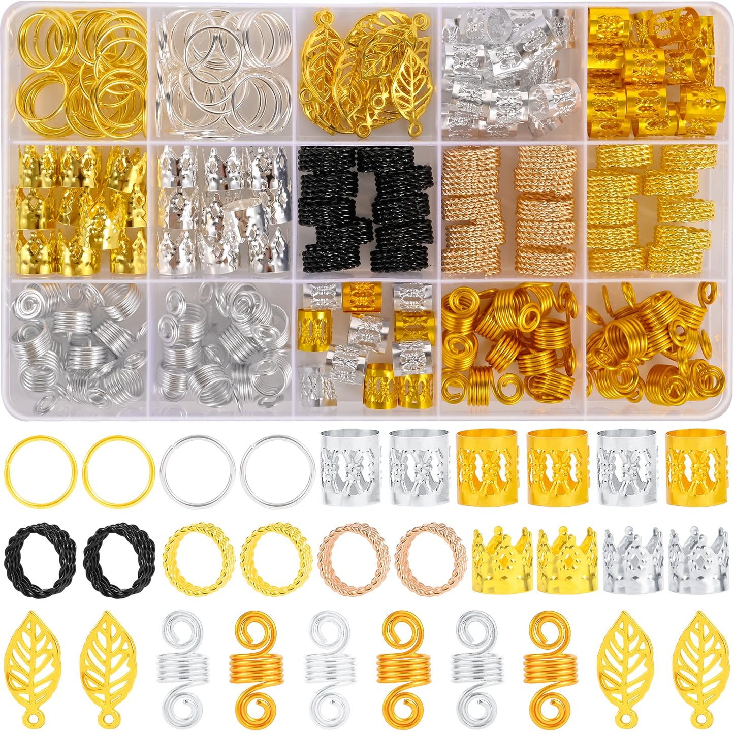 Nafaboig 200PCS Hair Jewelry for Braids Accessories, Hair Beads for Braids, Gold Hair Accessories, Metal Gold Braids Rings Cuffs Clips for Dreadlock