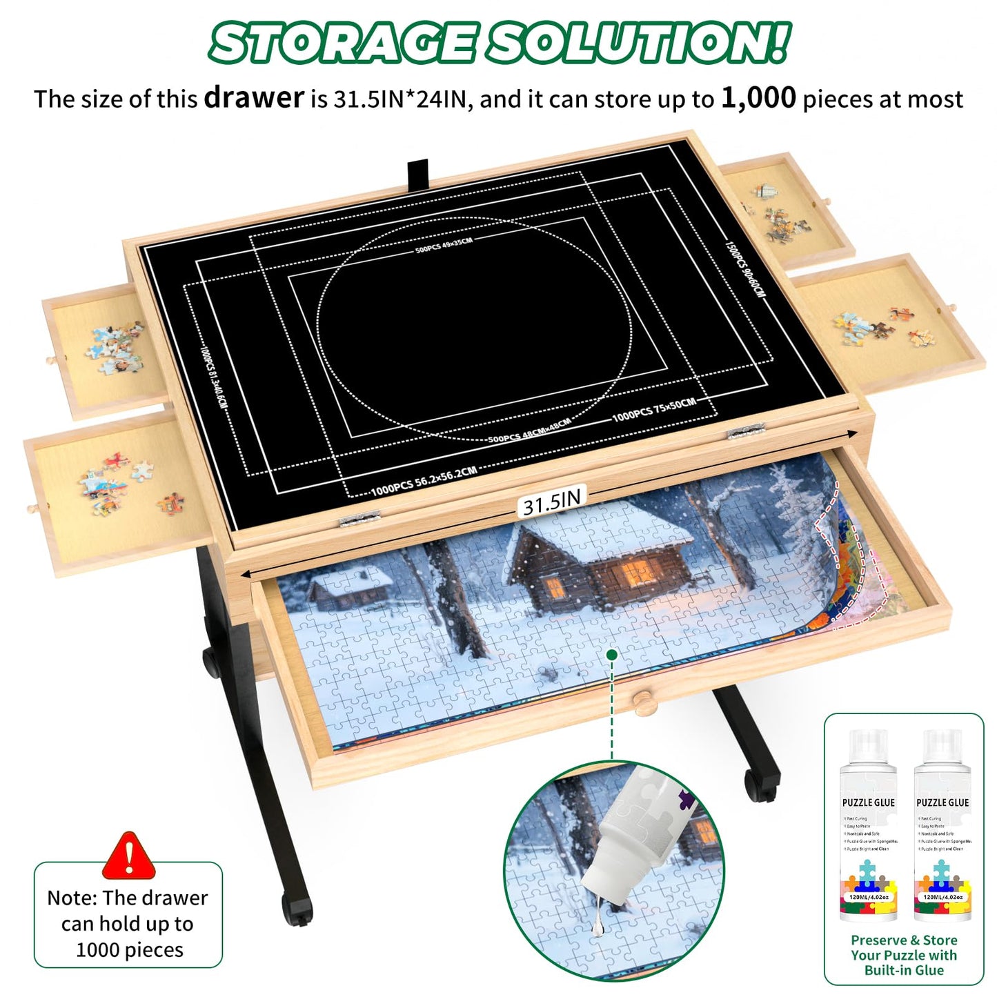 Large Puzzle Table with Drawer – Adjustable Height & Angle Wooden Board for 300-1500 Piece Jigsaws, Felt Cover, Shelf & Wheels