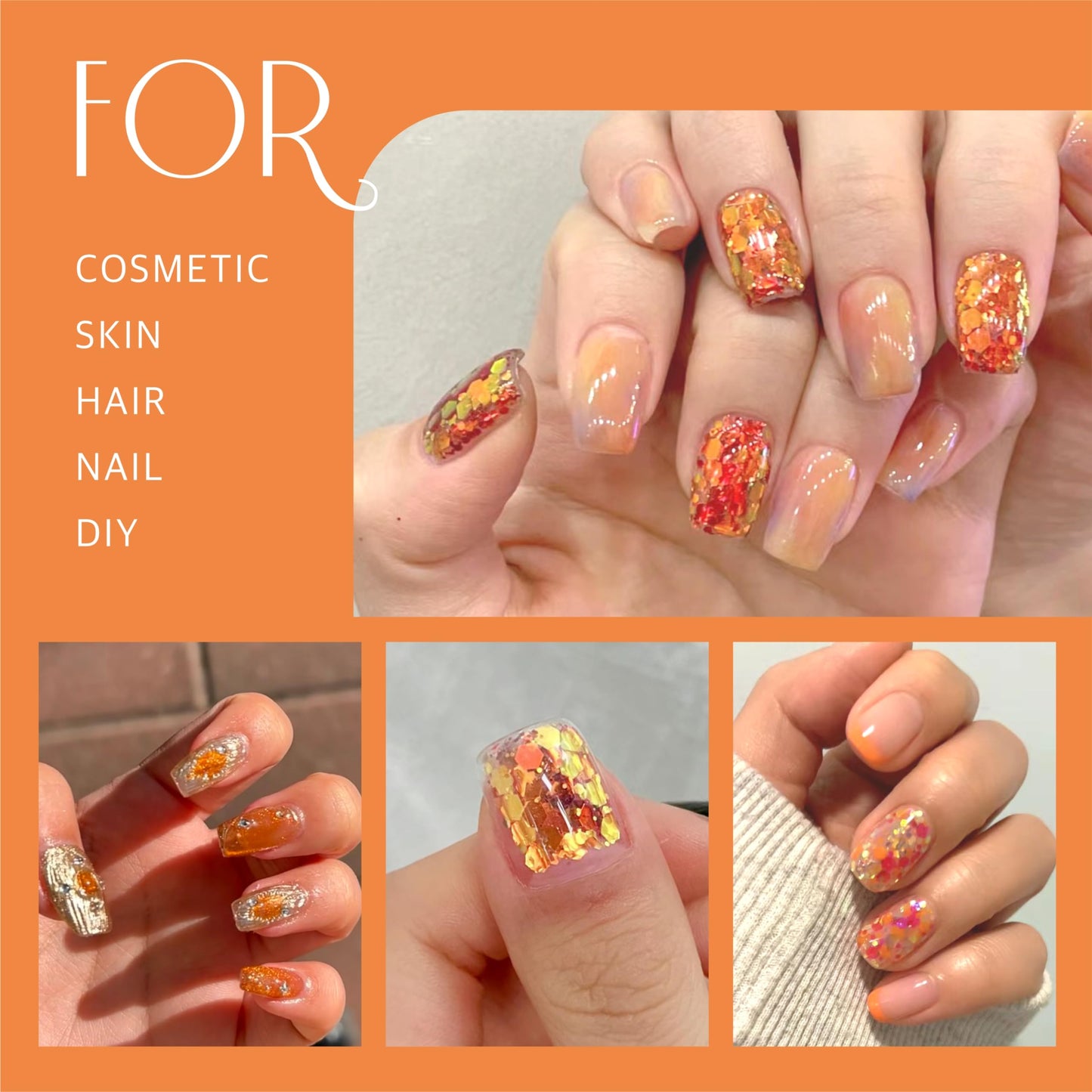 GABOX 8-Jar Sunset Orange Glitter Set, Holographic Fine Powder & 1mm & 2mm & 3mm Sequins Flakes Set for Cosmetic - Nail - Resin, Iridescent Art