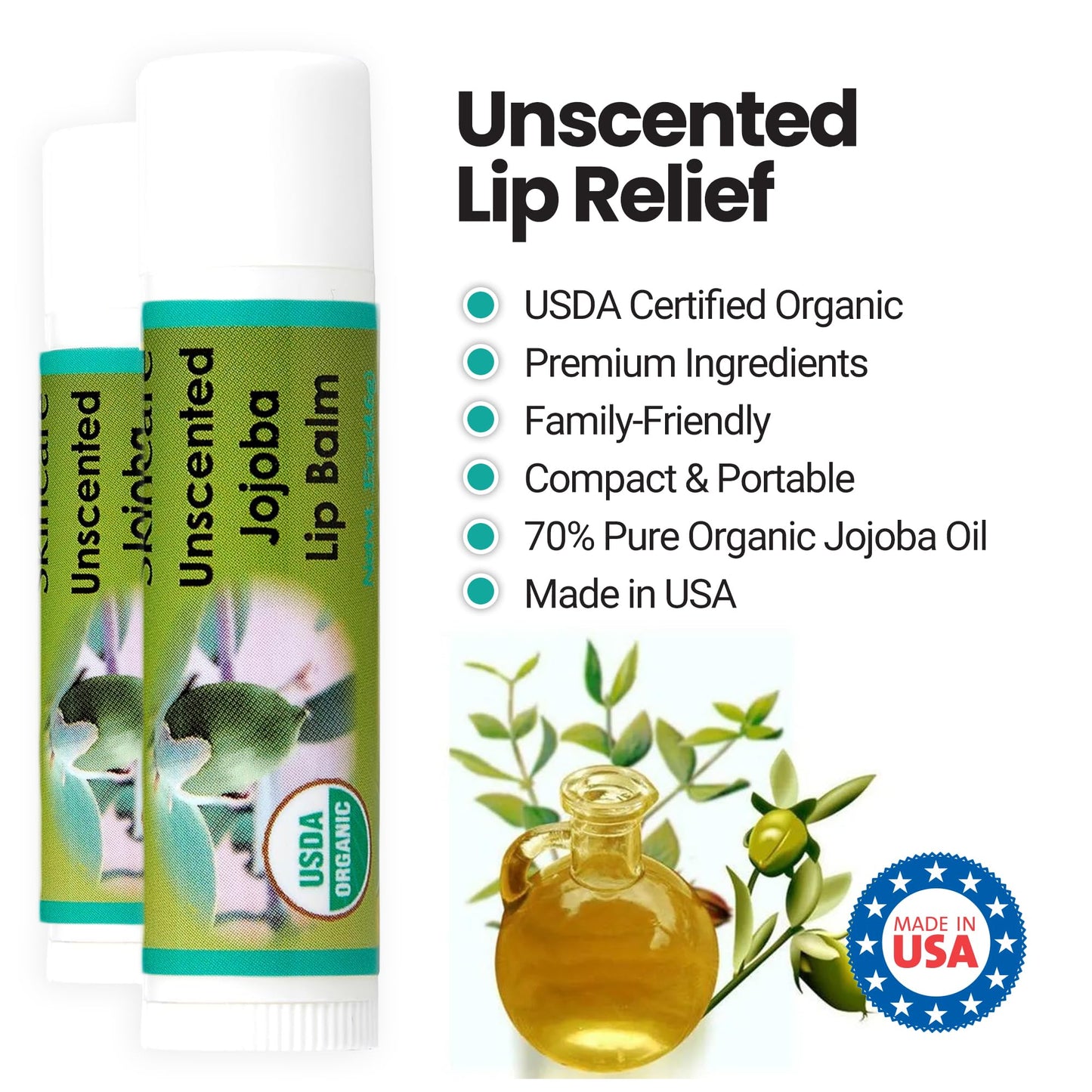 Desert Oasis Skincare | USDA Organic Unscented Lip Balm - 70% Jojoba Oil with Beeswax - Fragrance-Free, Gentle Formula for Sensitive Lips - 2-Pack
