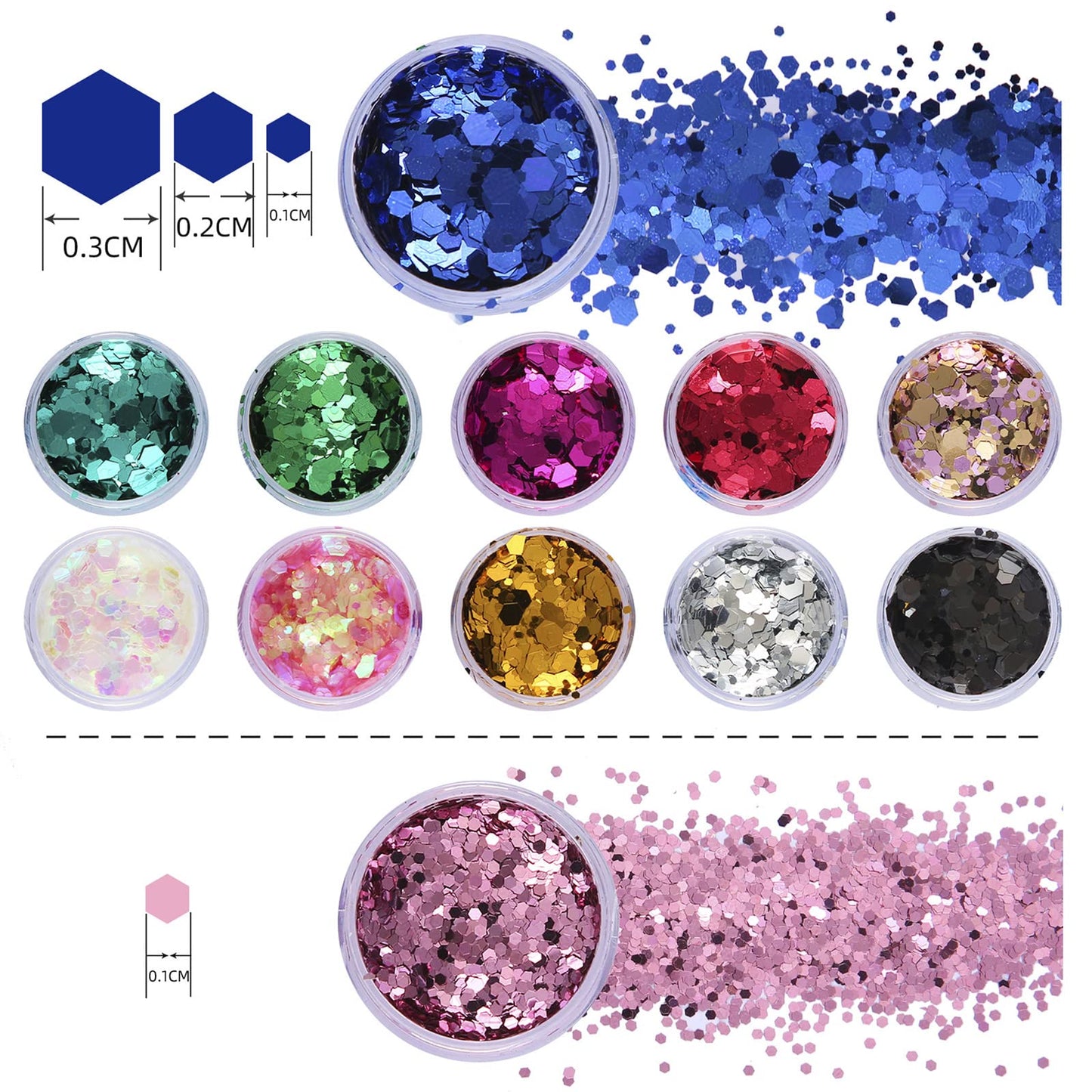 12 Jars Glitter for Body Face Hair Eye Party Beauty Makeup Temporary Tattoos 12 Colors Eyeshadow Nail Art Pigment Glitter (12)