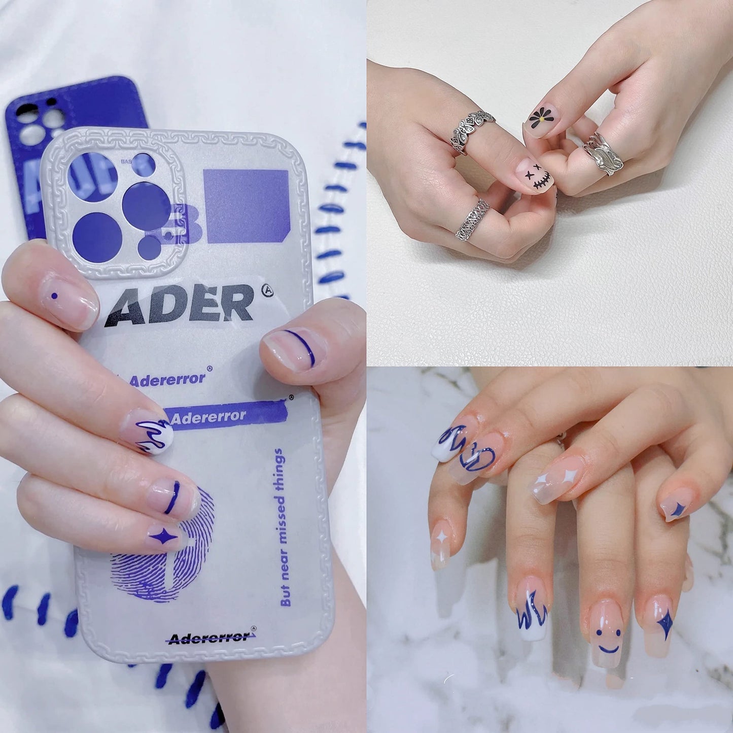 4 Sheets Klein Blue Flame Smile Face Nail Art Sticker Decals ins Minimalist Style Klein Blue Nail Art Sticker Impressionist Lines Star Smile Face