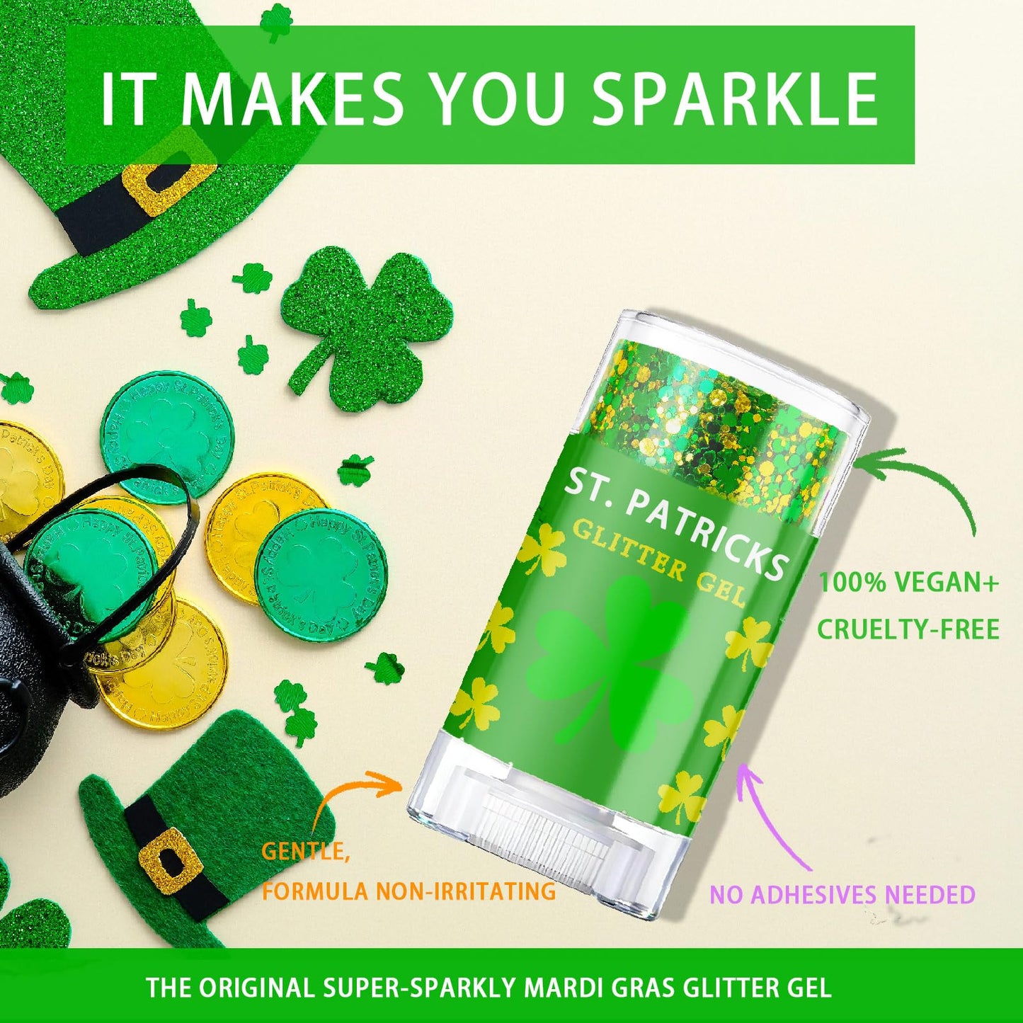 ST Patricks Day Glitter Gel Stick, Color-Changing in Different Lighting, for Body, Face & Hair (Shamrock)