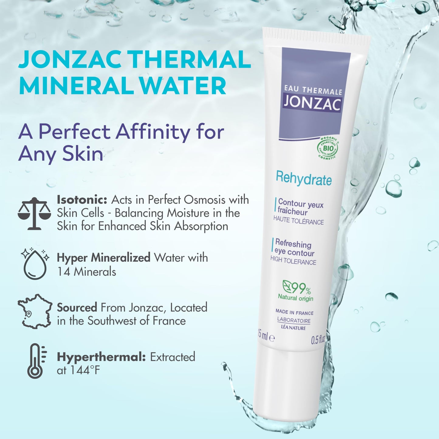 Eau Thermale Jonzac Rehydrate Organic Refreshing Eye Contour Cream - Soothing Hydration with Hyaluronic Acid For Dark Circles - For Sensitive Skin